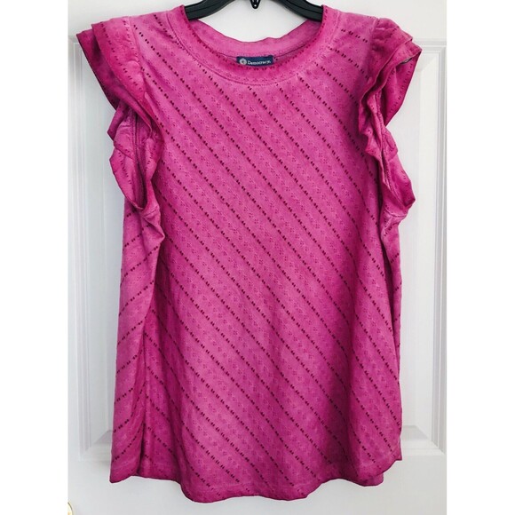 DEMOCRAY WOMEN'S TOP PULLOVER CREW NECK DOBLE RUFLE CAP SLEEVE PURPLE PERFORATED - Picture 1 of 6